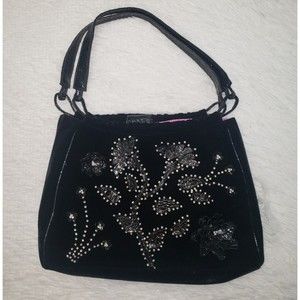 Black Velvet Embroidered Embellished Flowers Art Deco Floral Purse Shoulder Bag